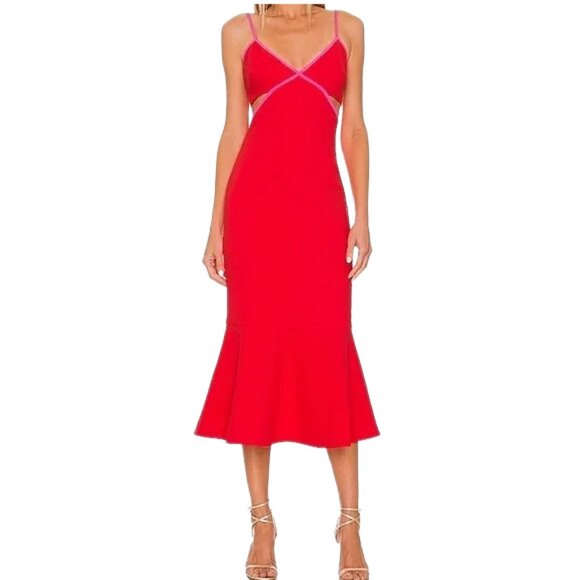 REVOLVE Likely Anabell Red Pink Trim Midi Dress S Chic Cocktail Party - Picture 1 of 13